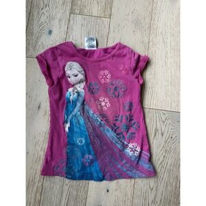 Disney Frozen Elsa Girls Pink Graphic T-Shirt Glitter Snowflakes Size 6 Cotton